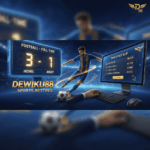 Ilustrasi taruhan sepak bola online di Dewiku88, menampilkan pemain menendang bola, skor 3-1, dan layar monitor menampilkan opsi parlay bet