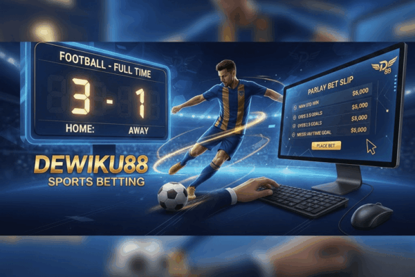 Ilustrasi taruhan sepak bola online di Dewiku88, menampilkan pemain menendang bola, skor 3-1, dan layar monitor menampilkan opsi parlay bet