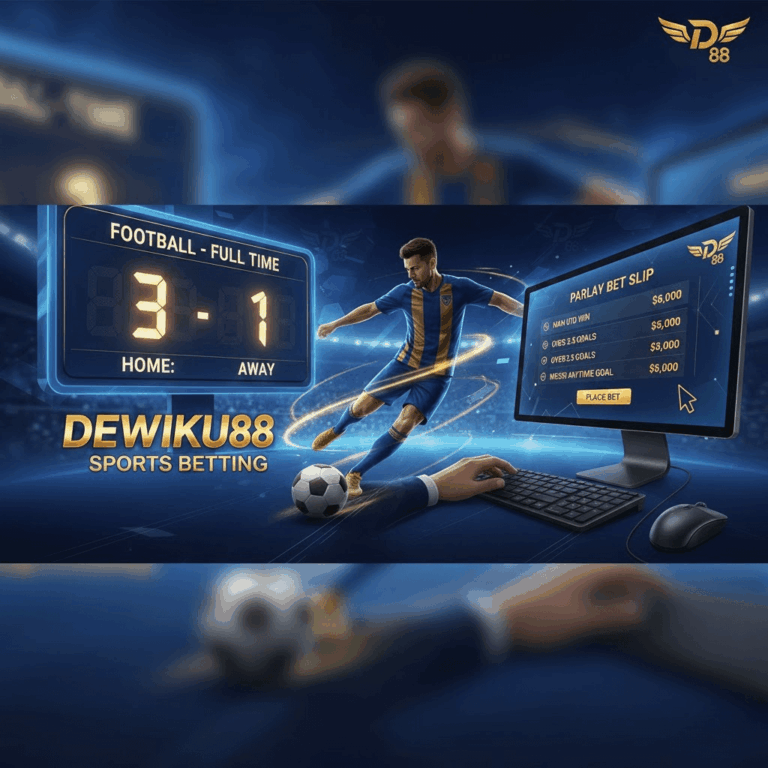 Ilustrasi taruhan sepak bola online di Dewiku88, menampilkan pemain menendang bola, skor 3-1, dan layar monitor menampilkan opsi parlay bet