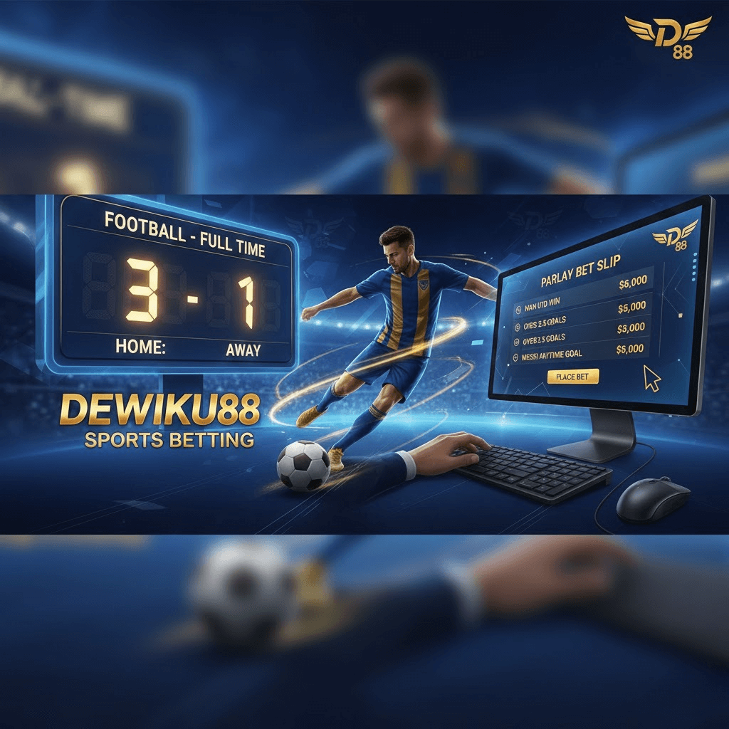 Ilustrasi taruhan sepak bola online di Dewiku88, menampilkan pemain menendang bola, skor 3-1, dan layar monitor menampilkan opsi parlay bet