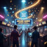 Ilustrasi Arcade Games Deposit Kecil Untung Maksimal dengan Dewiku88 Login, menampilkan QRIS deposit dan slot online