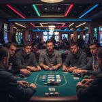 Pemain poker online merayakan kemenangan besar dengan tumpukan chip tinggi, kartu di tangan, ekspresi senang, suasana kasino realistis