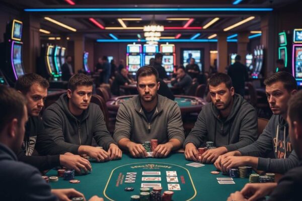 Pemain poker online merayakan kemenangan besar dengan tumpukan chip tinggi, kartu di tangan, ekspresi senang, suasana kasino realistis