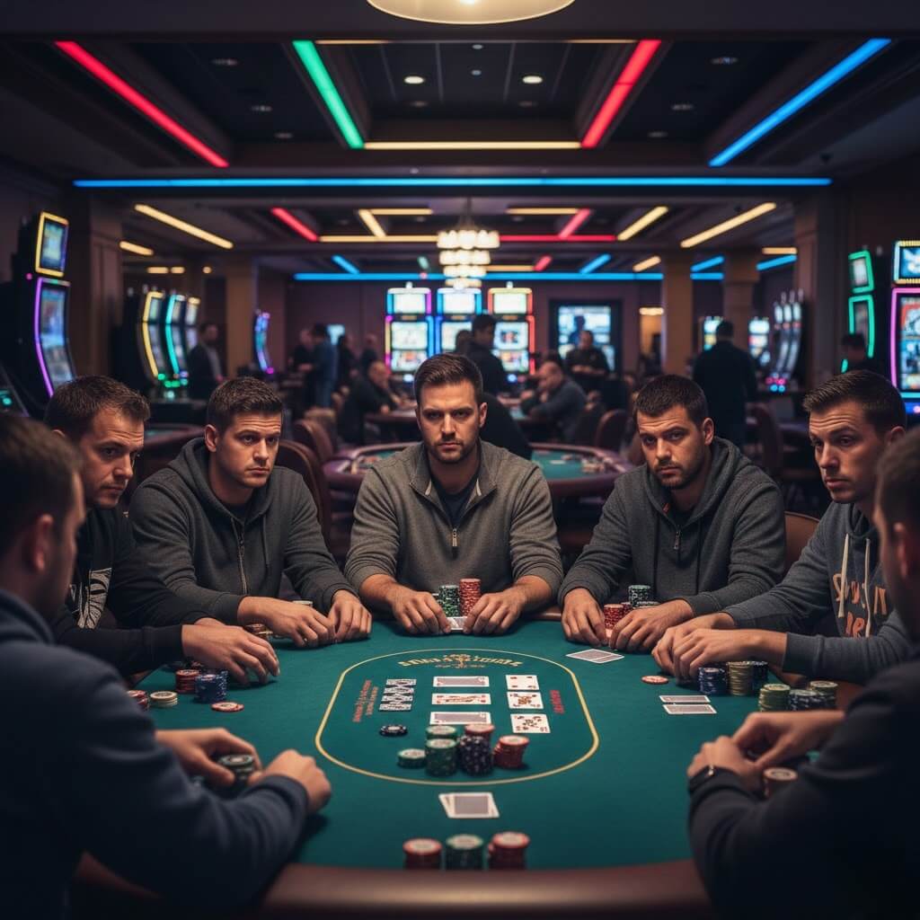 Pemain poker online merayakan kemenangan besar dengan tumpukan chip tinggi, kartu di tangan, ekspresi senang, suasana kasino realistis