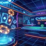 Ilustrasi table games online futuristik dengan chip, kartu, dan dadu digital di kasino virtual