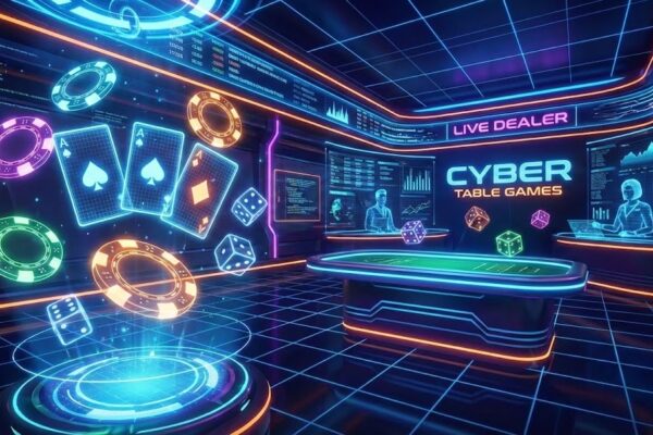 Ilustrasi table games online futuristik dengan chip, kartu, dan dadu digital di kasino virtual