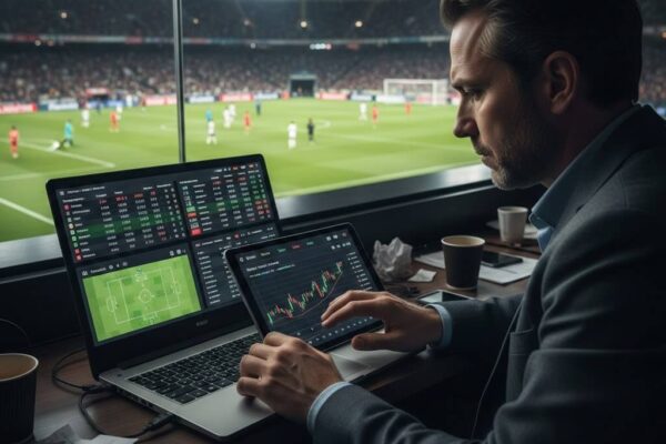 Pemain menganalisa live betting di Hokiku88 menggunakan laptop dan tablet, melihat statistik tim dan odds value untuk peluang menang taruhan yang lebih tinggi