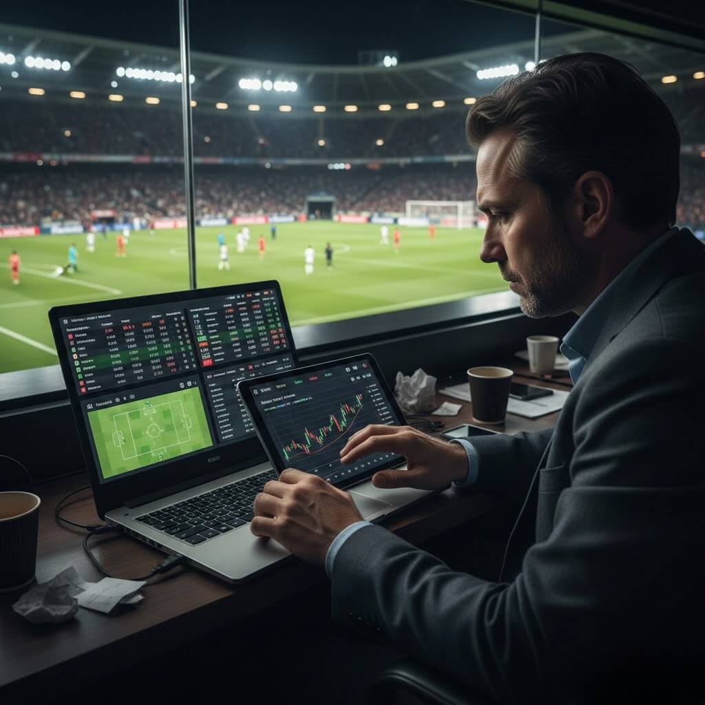 Pemain menganalisa live betting di Hokiku88 menggunakan laptop dan tablet, melihat statistik tim dan odds value untuk peluang menang taruhan yang lebih tinggi