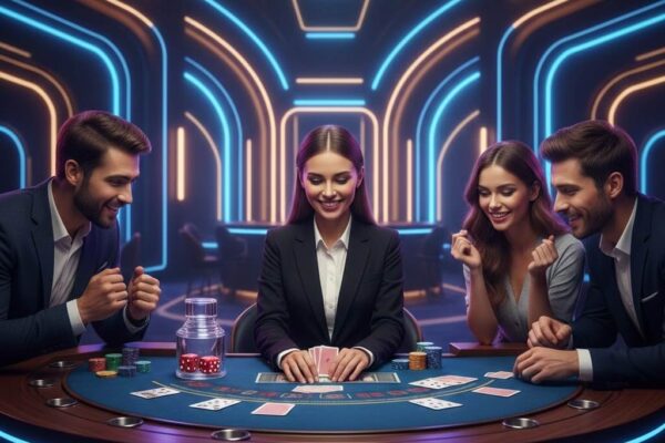 Meja kasino live games modern dengan dealer profesional tersenyum, kartu dan dadu di meja, lampu ambient neon, mewakili artikel Live Games Judol Terbaik di Win11bet